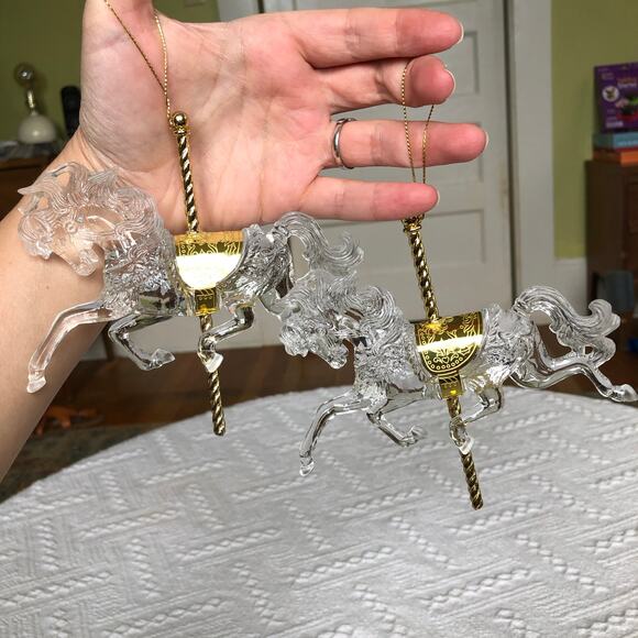 Vintage Clear Acrylic Carousel Horse Ornaments w/ Gold Saddles Set of 2 - 5" - Picture 1 of 9